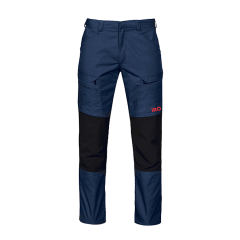 Frontansicht Arbeitshose Herren, zwei Taschen, Tasche mit Klettverschluss je Oberschenkel, schwarzes Element im Kniebereich, rotes IRO Logo am Linken Oberschenkel