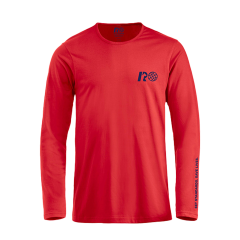 Frontansicht rotes Langarmshirt Herren mit blauem IRO Logo auf der linken Brust und Schriftzug (Handgelenk bis Ellenbogen): Set Standards. Save Lives.