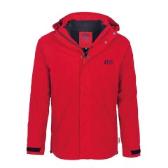 Frontansicht der roten Herrenjacke, blaues IRO Logo auf linker Brust